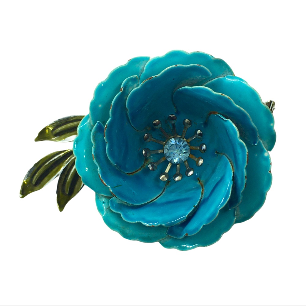 Signed Coro Large Blue Enamel Rhinestone Brooch